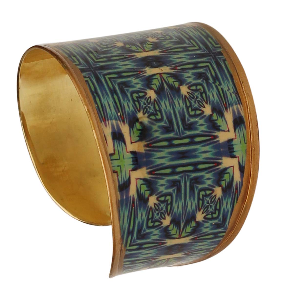 Brass Cuff Bracelet with Illusionary Blue Green Pattern - 2.6” Gold Tone - Trendy Accessories / Gifts for Her - Buy in Bulk Wholesale